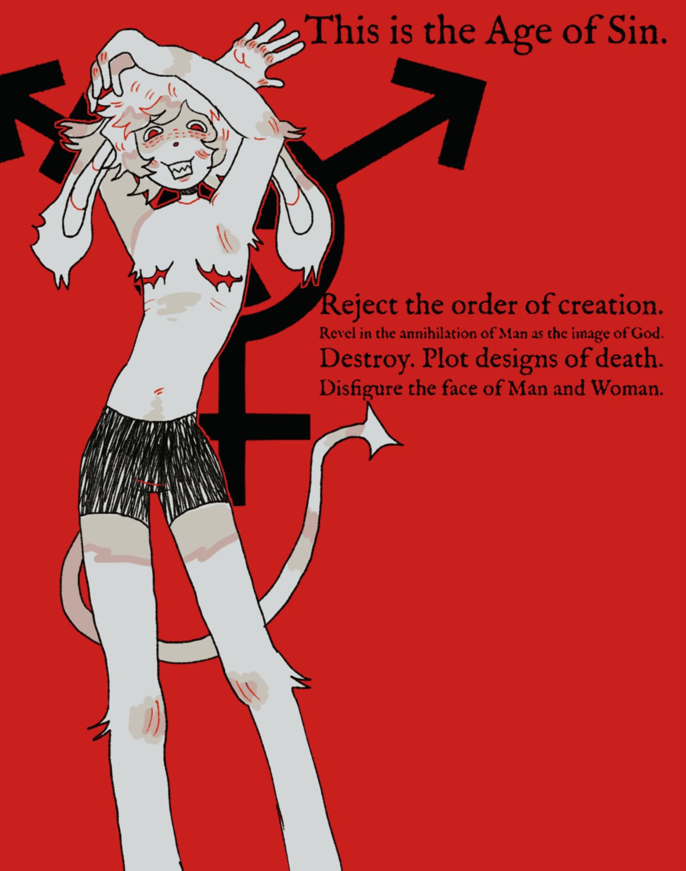 Art of an anthro character with top surgery scars, grinning menacingly down at the viewer, with text next to it about rejecting God for the sake of self-expression