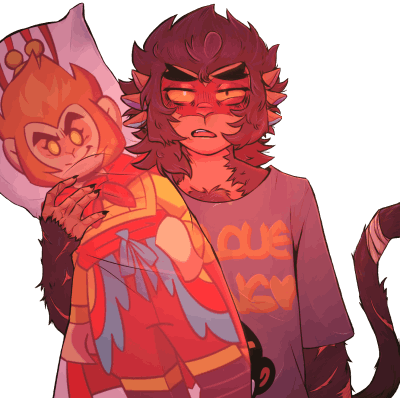 Fanart of Macaque from LEGO Monkie Kid holding a Sun Wukong body pillow