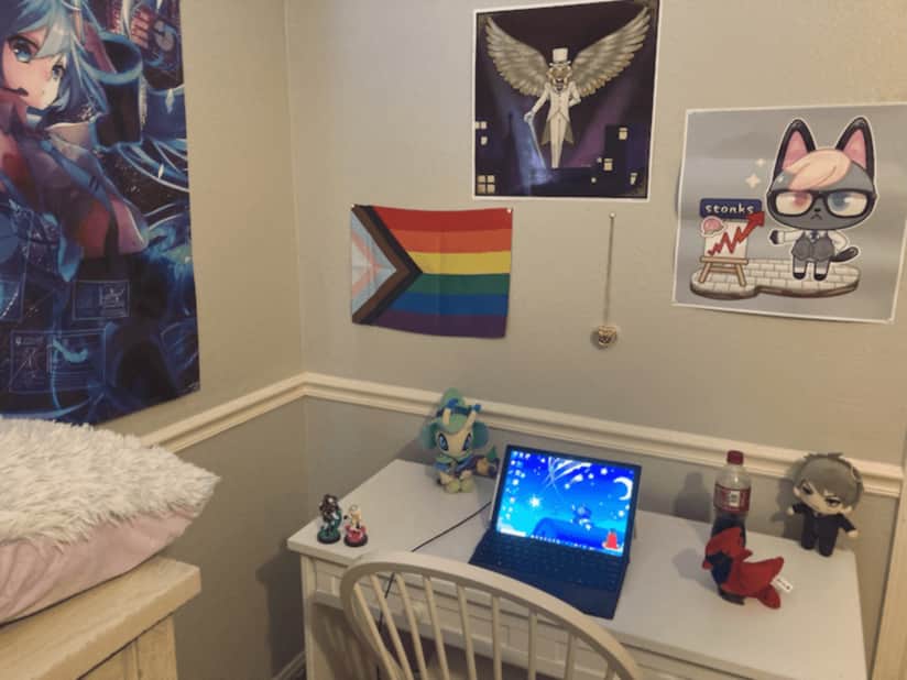 A desk space, which has a pride flag, posters, figures, and plushies around it. In the center of the desk is a laptop.