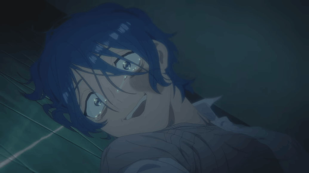 A screenshot from All-Knowing and All-Agony showing Haruka on the floor, looking at his mom as she closes the door on him. He's crying, and has a painful smile.