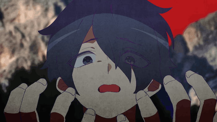 A screenshot from Weakness. It is the shot immediately following the previous, teen Haruka looking down at his hands in horror.