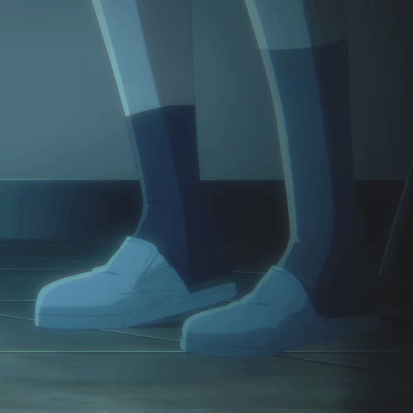 A screenshot from All-Knowing and All-Agony, showing Haruka's slip-on shoes and two different socks. They are two different shades of blue, and two different lengths.