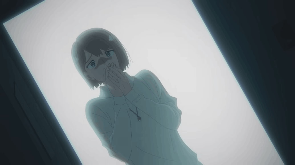 A screenshot from All-Knowing and All-Agony, showing Haruka's mother. She looks frightened, holding her hands up to and over her mouth in fear.